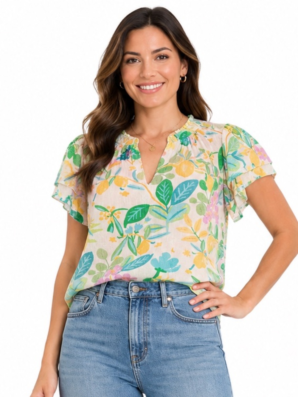 Rachel Roy Lemon Floral Flutter Sleeve Boho Blouse XL Cottagecore Spring Summer
